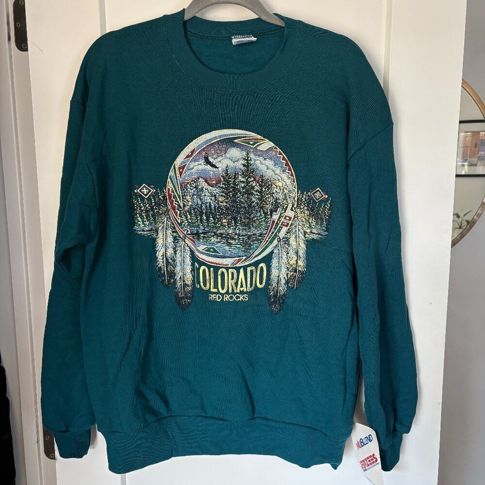 Vintage Colorado Red Rocks Crewneck Sweater Adult Large Teal Tribal Outdoor 90s